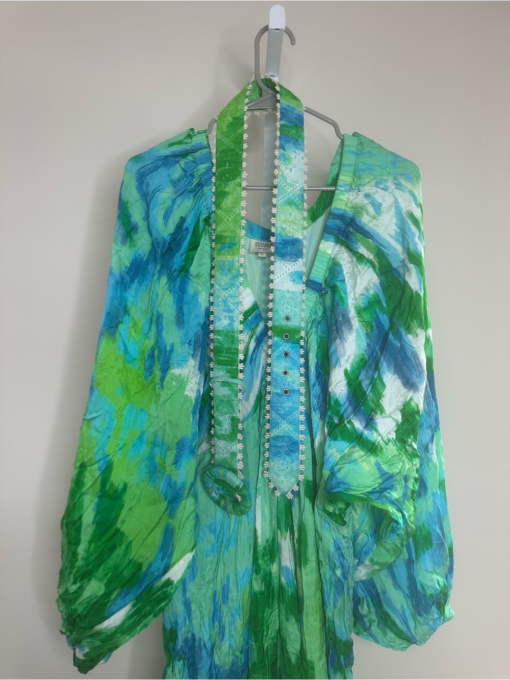 HEMANT & NANDITA Blue Green Abstract Print Maxi Dress with Beaded Neckline - Picture 2 of 9